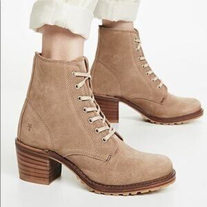 FRYE Women's Cream Tan Sabrina 6G Suede Leather Lace Up Heeled Bootie Size 9‎